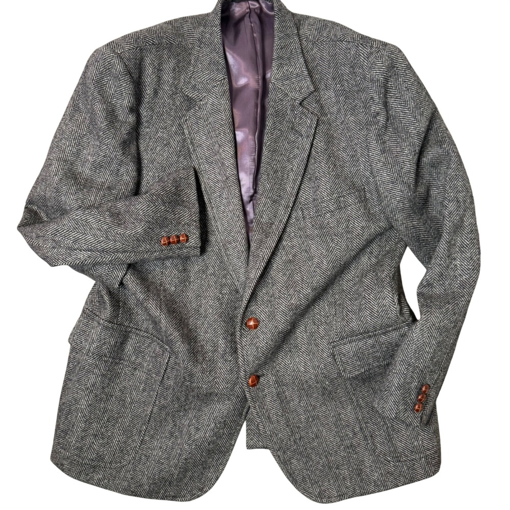 Savile Row Gray Herringbone Wool Blazer Sport Coat Jacket Men Size 46R Tweed